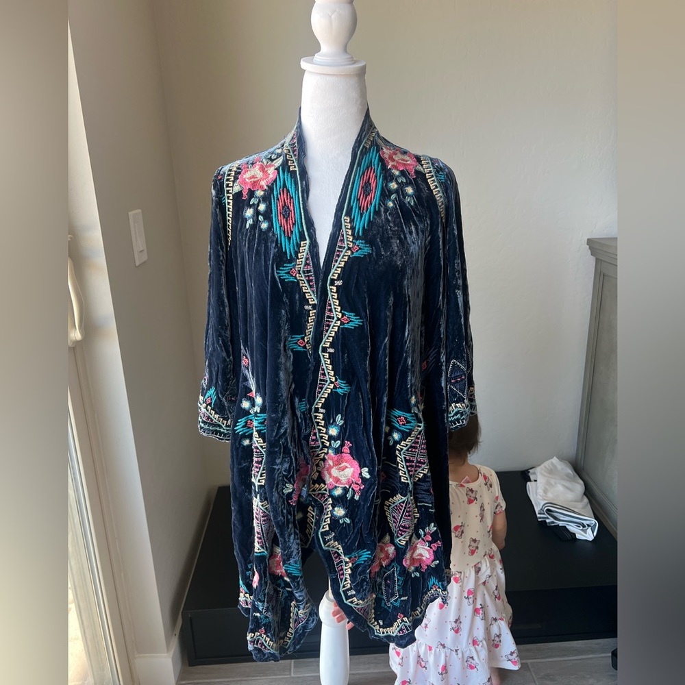 Johnny Was Velvet Robe with Floral Embroidery